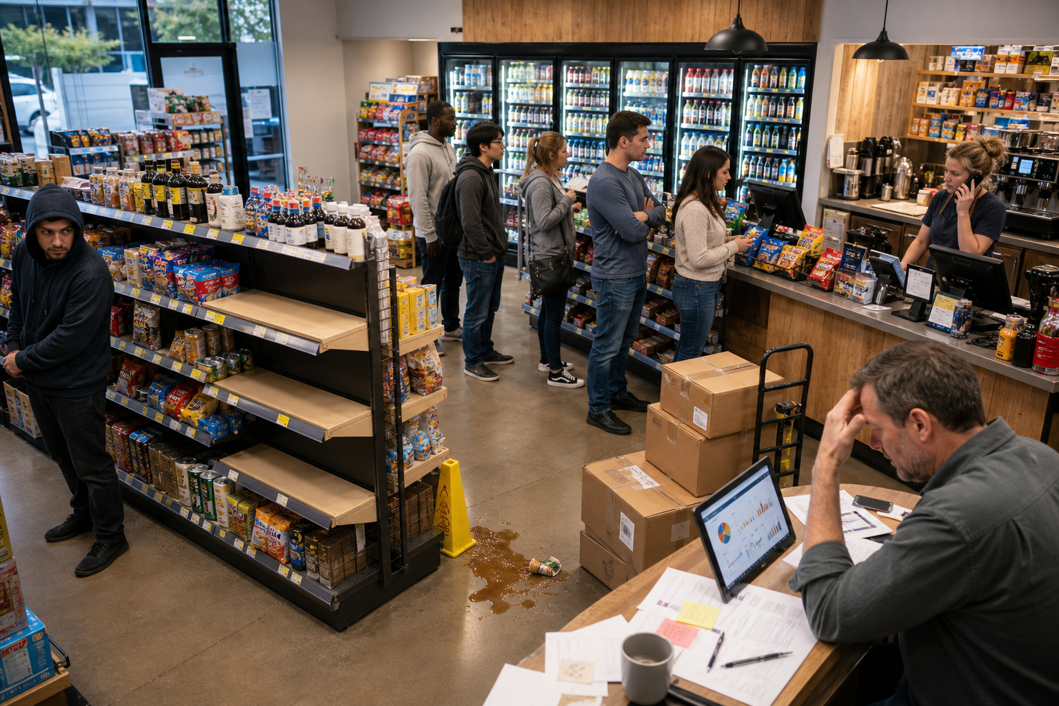 Before StorVena: six store problems highlighted — employee on call, empty shelves, theft, spill, long queue, and stressed owner